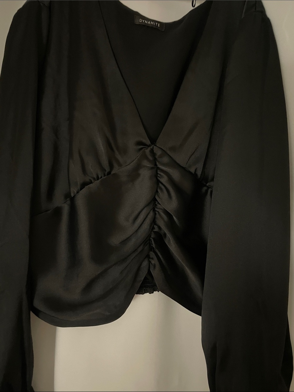Dynamite Black Satin Ruched V-Neck Top